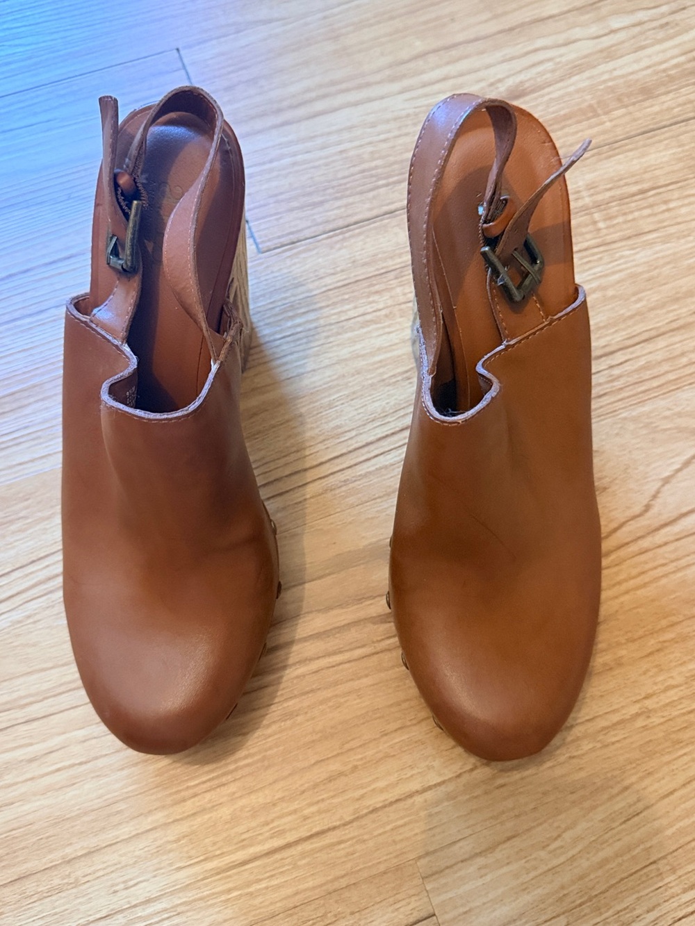 Women's Cognac Leather Slingback Clog Mules